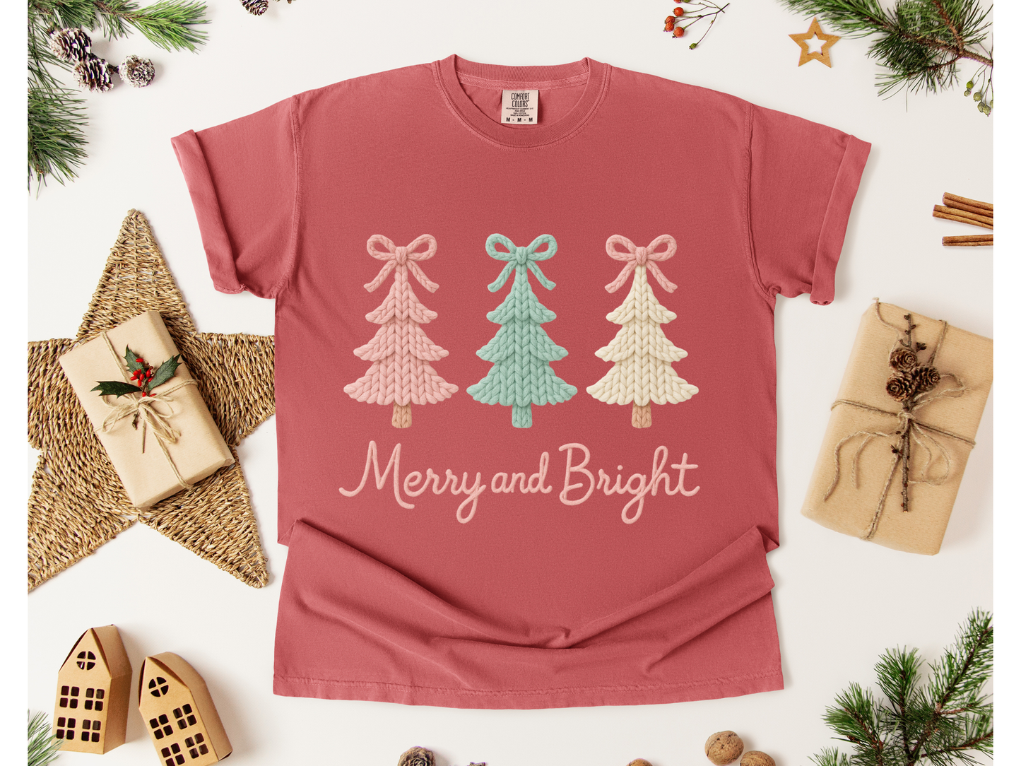 MERRY and BRIGHT BOW tshirt (faux crochet)