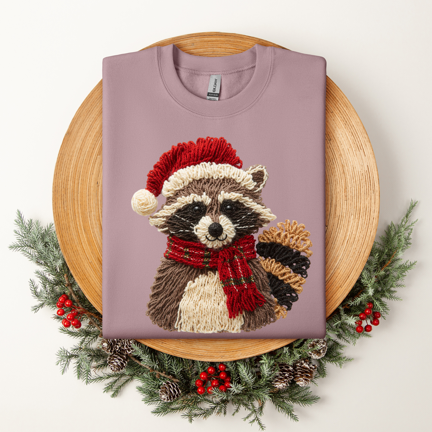 CHRISTMAS RACCOON sweatshirt (faux crochet)