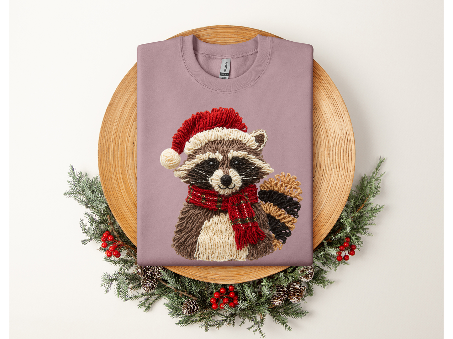 CHRISTMAS RACCOON sweatshirt (faux crochet)